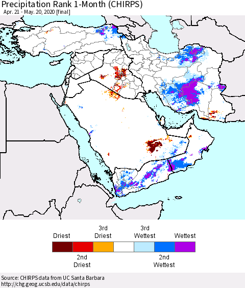 Middle East and Turkey Precipitation Rank since 1981, 1-Month (CHIRPS) Thematic Map For 4/21/2020 - 5/20/2020