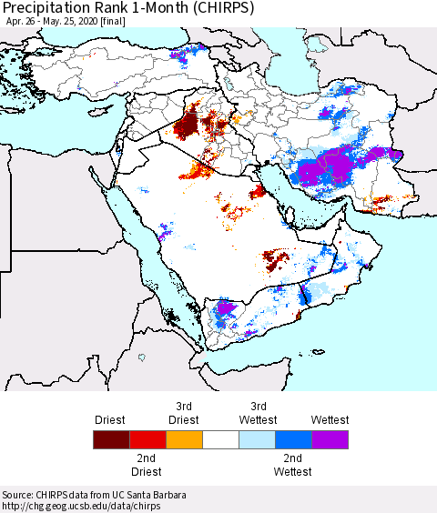 Middle East and Turkey Precipitation Rank since 1981, 1-Month (CHIRPS) Thematic Map For 4/26/2020 - 5/25/2020