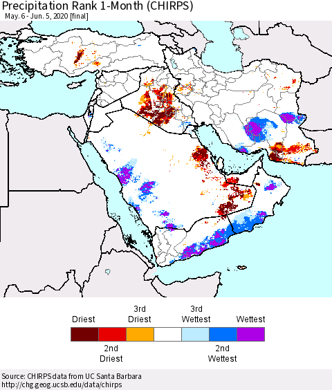 Middle East and Turkey Precipitation Rank since 1981, 1-Month (CHIRPS) Thematic Map For 5/6/2020 - 6/5/2020