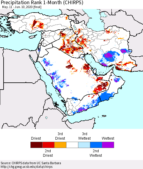Middle East and Turkey Precipitation Rank since 1981, 1-Month (CHIRPS) Thematic Map For 5/11/2020 - 6/10/2020