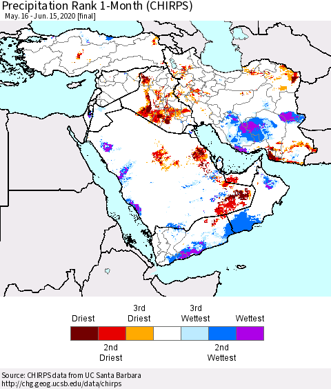 Middle East and Turkey Precipitation Rank since 1981, 1-Month (CHIRPS) Thematic Map For 5/16/2020 - 6/15/2020