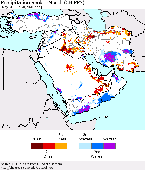 Middle East and Turkey Precipitation Rank since 1981, 1-Month (CHIRPS) Thematic Map For 5/21/2020 - 6/20/2020