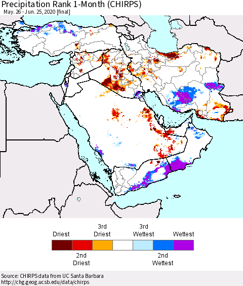 Middle East and Turkey Precipitation Rank since 1981, 1-Month (CHIRPS) Thematic Map For 5/26/2020 - 6/25/2020