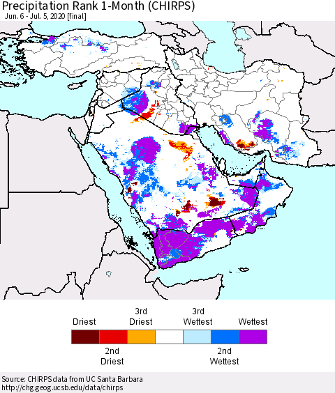 Middle East and Turkey Precipitation Rank since 1981, 1-Month (CHIRPS) Thematic Map For 6/6/2020 - 7/5/2020