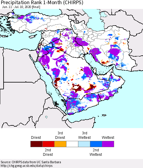Middle East and Turkey Precipitation Rank since 1981, 1-Month (CHIRPS) Thematic Map For 6/11/2020 - 7/10/2020