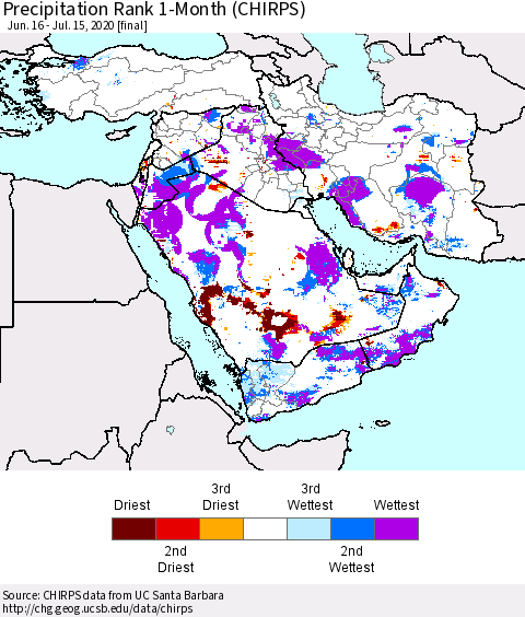Middle East and Turkey Precipitation Rank since 1981, 1-Month (CHIRPS) Thematic Map For 6/16/2020 - 7/15/2020