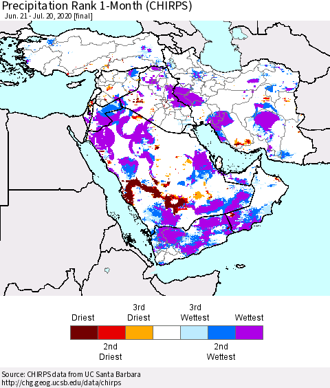 Middle East and Turkey Precipitation Rank since 1981, 1-Month (CHIRPS) Thematic Map For 6/21/2020 - 7/20/2020