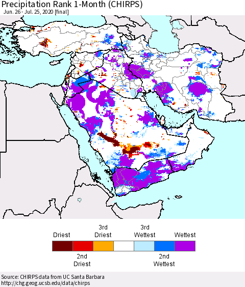 Middle East and Turkey Precipitation Rank since 1981, 1-Month (CHIRPS) Thematic Map For 6/26/2020 - 7/25/2020