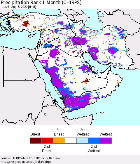 Middle East and Turkey Precipitation Rank since 1981, 1-Month (CHIRPS) Thematic Map For 7/6/2020 - 8/5/2020