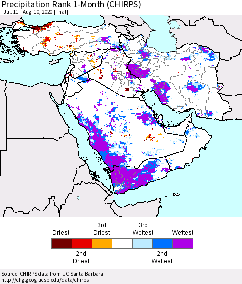 Middle East and Turkey Precipitation Rank since 1981, 1-Month (CHIRPS) Thematic Map For 7/11/2020 - 8/10/2020