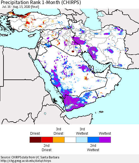 Middle East and Turkey Precipitation Rank since 1981, 1-Month (CHIRPS) Thematic Map For 7/16/2020 - 8/15/2020