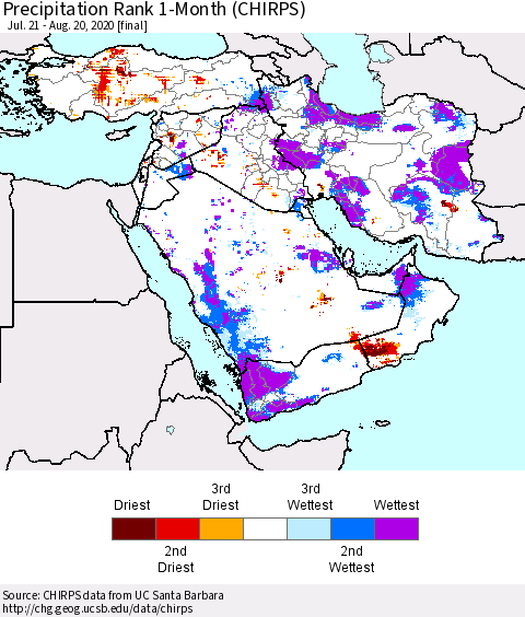 Middle East and Turkey Precipitation Rank since 1981, 1-Month (CHIRPS) Thematic Map For 7/21/2020 - 8/20/2020