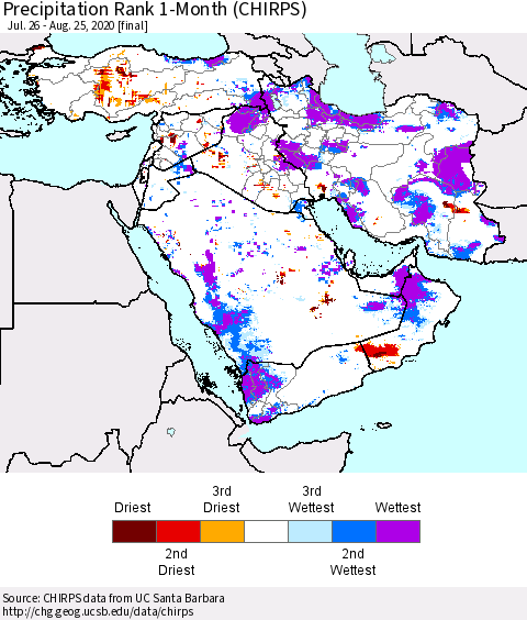 Middle East and Turkey Precipitation Rank since 1981, 1-Month (CHIRPS) Thematic Map For 7/26/2020 - 8/25/2020