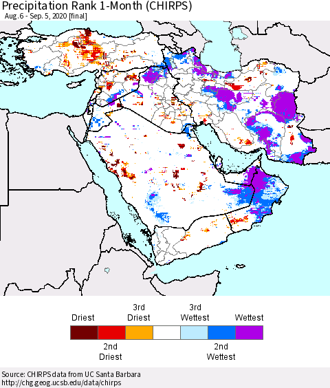 Middle East and Turkey Precipitation Rank since 1981, 1-Month (CHIRPS) Thematic Map For 8/6/2020 - 9/5/2020