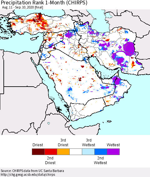 Middle East and Turkey Precipitation Rank since 1981, 1-Month (CHIRPS) Thematic Map For 8/11/2020 - 9/10/2020