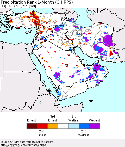 Middle East and Turkey Precipitation Rank since 1981, 1-Month (CHIRPS) Thematic Map For 8/16/2020 - 9/15/2020