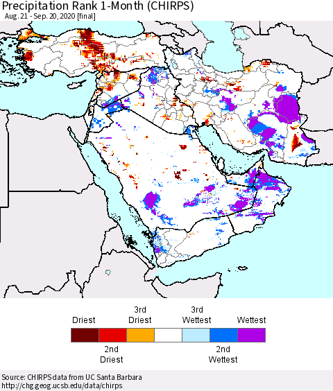 Middle East and Turkey Precipitation Rank since 1981, 1-Month (CHIRPS) Thematic Map For 8/21/2020 - 9/20/2020