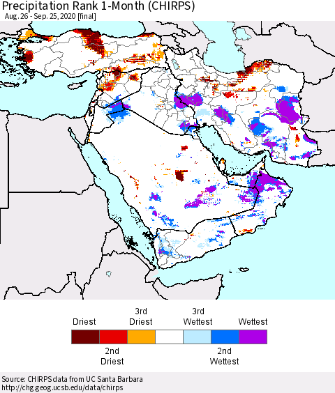 Middle East and Turkey Precipitation Rank since 1981, 1-Month (CHIRPS) Thematic Map For 8/26/2020 - 9/25/2020