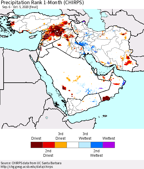 Middle East and Turkey Precipitation Rank since 1981, 1-Month (CHIRPS) Thematic Map For 9/6/2020 - 10/5/2020