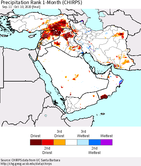 Middle East and Turkey Precipitation Rank since 1981, 1-Month (CHIRPS) Thematic Map For 9/11/2020 - 10/10/2020