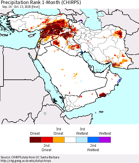 Middle East and Turkey Precipitation Rank since 1981, 1-Month (CHIRPS) Thematic Map For 9/16/2020 - 10/15/2020