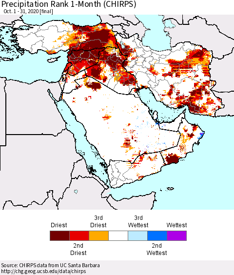 Middle East and Turkey Precipitation Rank since 1981, 1-Month (CHIRPS) Thematic Map For 10/1/2020 - 10/31/2020