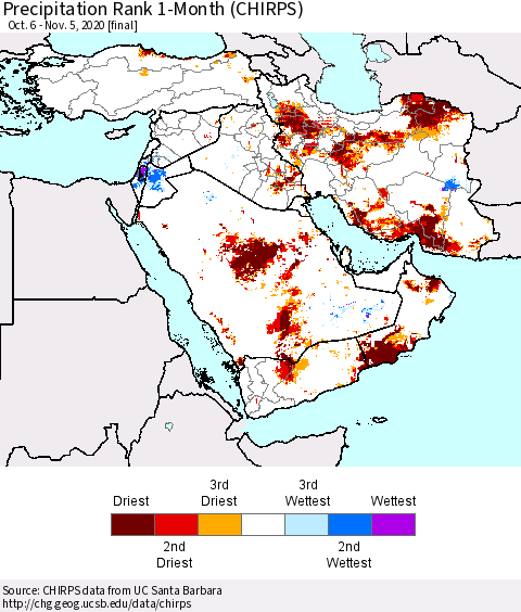 Middle East and Turkey Precipitation Rank since 1981, 1-Month (CHIRPS) Thematic Map For 10/6/2020 - 11/5/2020