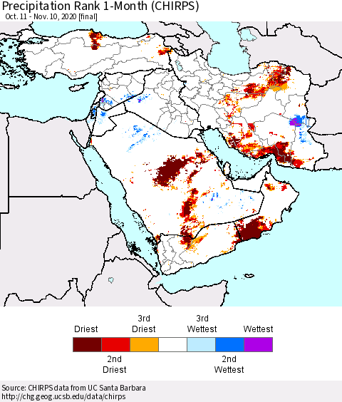 Middle East and Turkey Precipitation Rank since 1981, 1-Month (CHIRPS) Thematic Map For 10/11/2020 - 11/10/2020