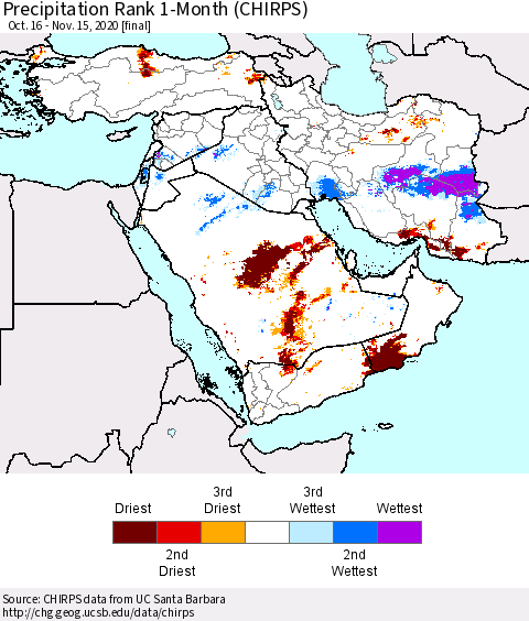 Middle East and Turkey Precipitation Rank since 1981, 1-Month (CHIRPS) Thematic Map For 10/16/2020 - 11/15/2020