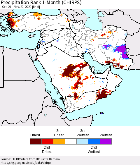 Middle East and Turkey Precipitation Rank since 1981, 1-Month (CHIRPS) Thematic Map For 10/21/2020 - 11/20/2020