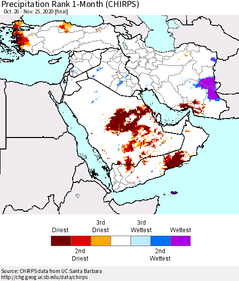 Middle East and Turkey Precipitation Rank since 1981, 1-Month (CHIRPS) Thematic Map For 10/26/2020 - 11/25/2020