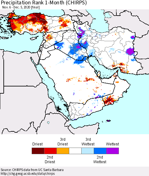 Middle East and Turkey Precipitation Rank since 1981, 1-Month (CHIRPS) Thematic Map For 11/6/2020 - 12/5/2020