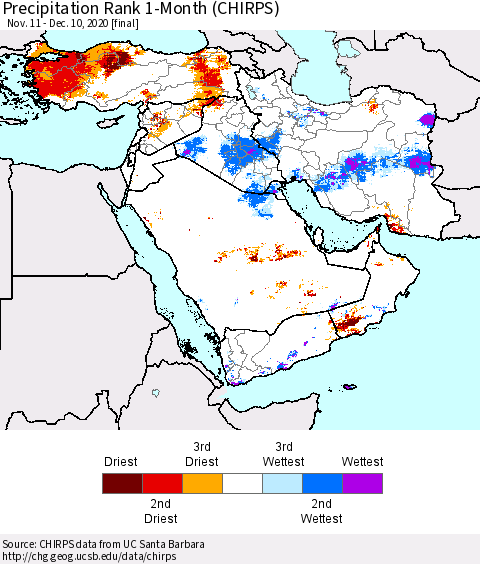 Middle East and Turkey Precipitation Rank since 1981, 1-Month (CHIRPS) Thematic Map For 11/11/2020 - 12/10/2020
