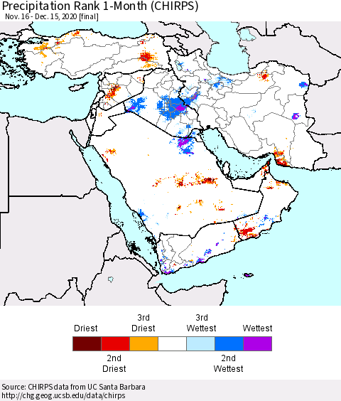 Middle East and Turkey Precipitation Rank since 1981, 1-Month (CHIRPS) Thematic Map For 11/16/2020 - 12/15/2020