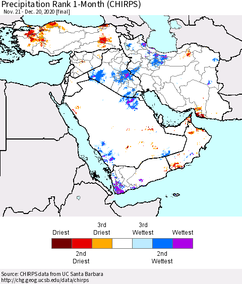 Middle East and Turkey Precipitation Rank since 1981, 1-Month (CHIRPS) Thematic Map For 11/21/2020 - 12/20/2020