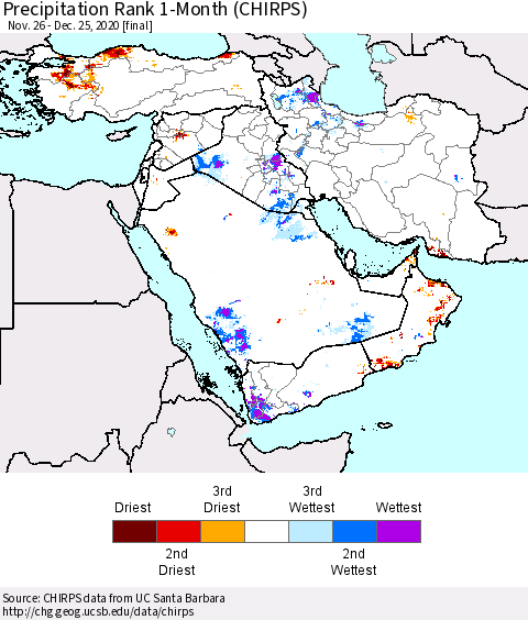 Middle East and Turkey Precipitation Rank since 1981, 1-Month (CHIRPS) Thematic Map For 11/26/2020 - 12/25/2020