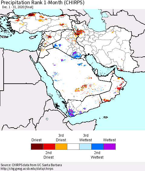 Middle East and Turkey Precipitation Rank since 1981, 1-Month (CHIRPS) Thematic Map For 12/1/2020 - 12/31/2020