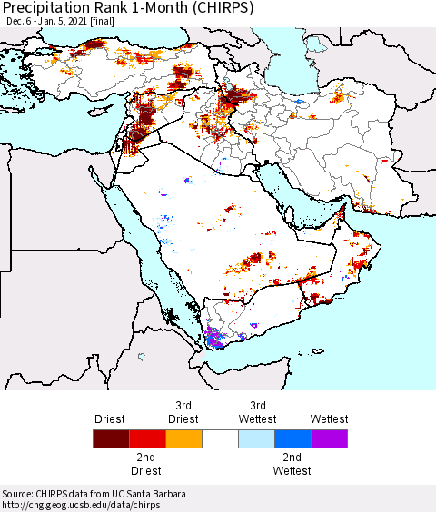 Middle East and Turkey Precipitation Rank since 1981, 1-Month (CHIRPS) Thematic Map For 12/6/2020 - 1/5/2021
