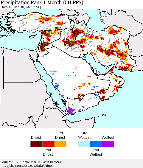 Middle East and Turkey Precipitation Rank since 1981, 1-Month (CHIRPS) Thematic Map For 12/11/2020 - 1/10/2021
