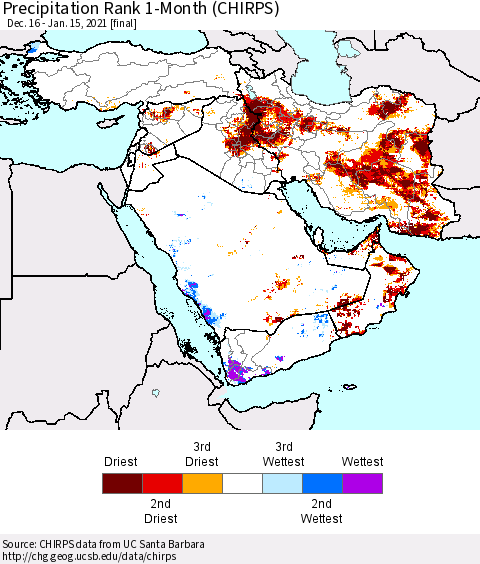 Middle East and Turkey Precipitation Rank since 1981, 1-Month (CHIRPS) Thematic Map For 12/16/2020 - 1/15/2021