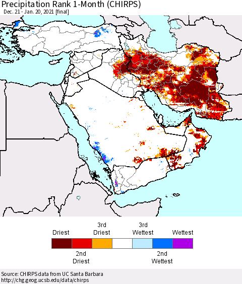Middle East and Turkey Precipitation Rank since 1981, 1-Month (CHIRPS) Thematic Map For 12/21/2020 - 1/20/2021