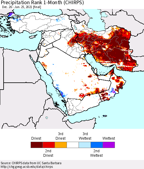 Middle East and Turkey Precipitation Rank since 1981, 1-Month (CHIRPS) Thematic Map For 12/26/2020 - 1/25/2021