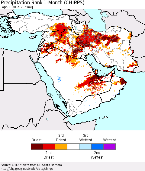 Middle East and Turkey Precipitation Rank since 1981, 1-Month (CHIRPS) Thematic Map For 4/1/2021 - 4/30/2021