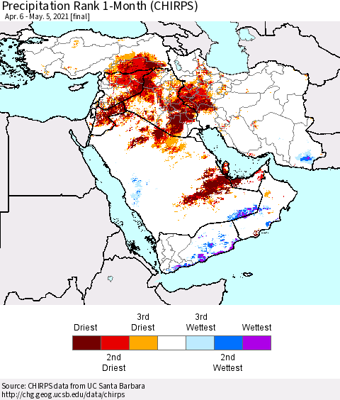 Middle East and Turkey Precipitation Rank since 1981, 1-Month (CHIRPS) Thematic Map For 4/6/2021 - 5/5/2021