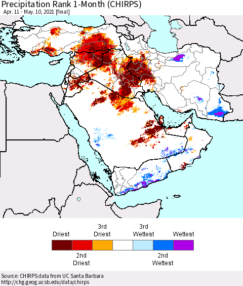 Middle East and Turkey Precipitation Rank since 1981, 1-Month (CHIRPS) Thematic Map For 4/11/2021 - 5/10/2021