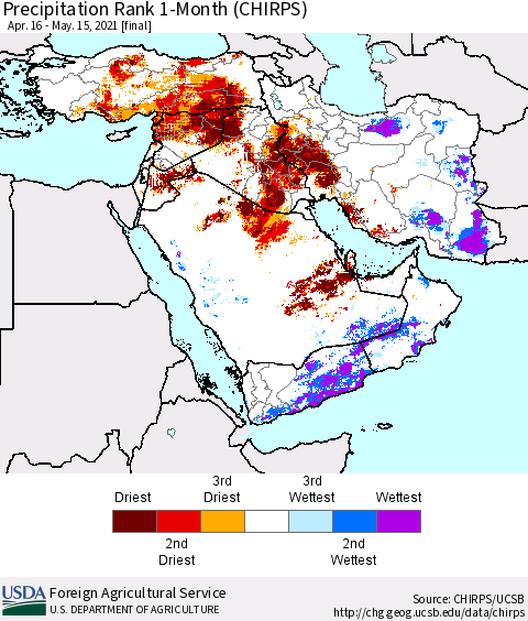 Middle East and Turkey Precipitation Rank since 1981, 1-Month (CHIRPS) Thematic Map For 4/16/2021 - 5/15/2021