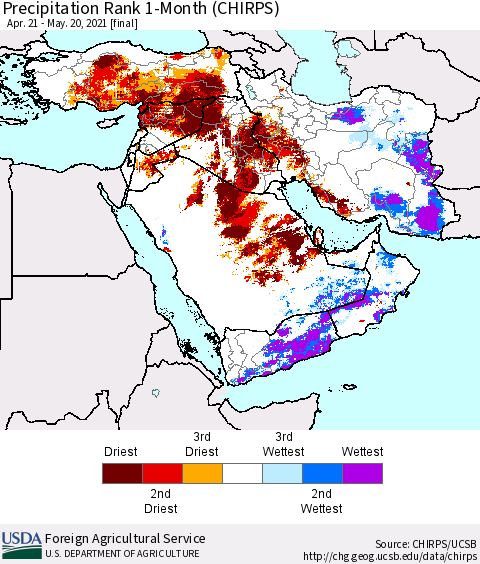 Middle East and Turkey Precipitation Rank since 1981, 1-Month (CHIRPS) Thematic Map For 4/21/2021 - 5/20/2021