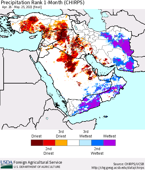 Middle East and Turkey Precipitation Rank since 1981, 1-Month (CHIRPS) Thematic Map For 4/26/2021 - 5/25/2021