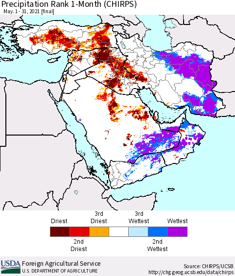 Middle East and Turkey Precipitation Rank since 1981, 1-Month (CHIRPS) Thematic Map For 5/1/2021 - 5/31/2021