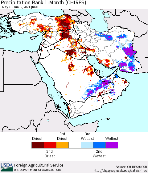 Middle East and Turkey Precipitation Rank since 1981, 1-Month (CHIRPS) Thematic Map For 5/6/2021 - 6/5/2021